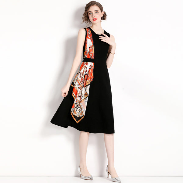 Vintage Print Patchwork High-Waisted Slim Sleeveless Dress A-Line MIDI Skirt