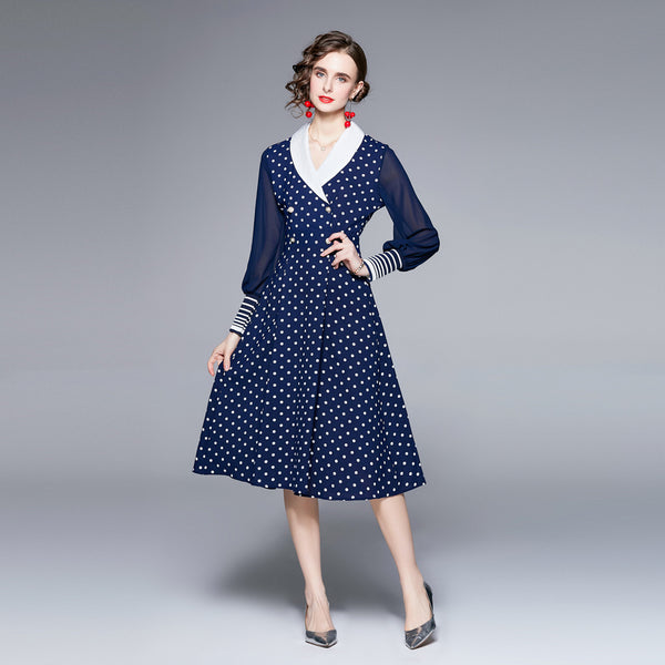 Polka-Dot Chiffon Long-Sleeved Dress