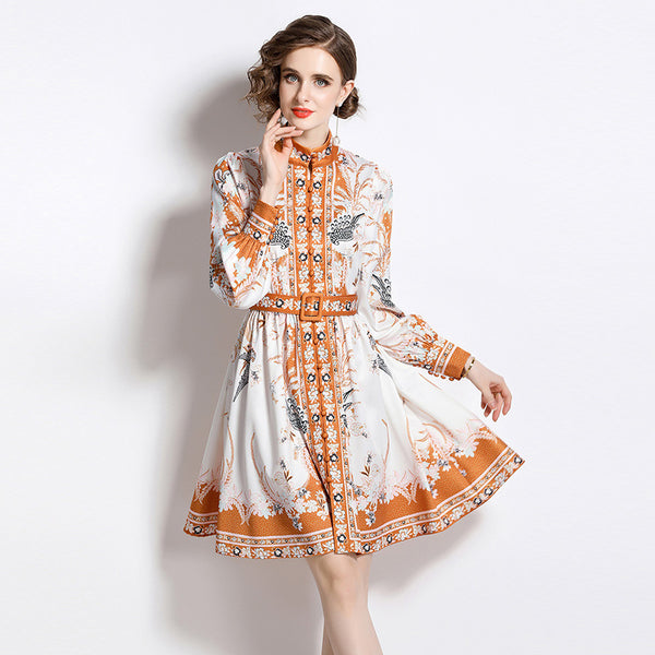 Fashion Vintage Fresh Stand-Up Collar Long-Sleeved Printed Dress