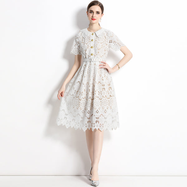 Water-Soluble Floral Embroidery Hollowed Out Lace Collar Short Sleeve Tucked Waist Slimming Dress