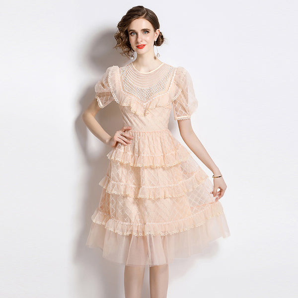 Temperament Fashion Gauze Beaded Piece Embroidered Bubble Sleeve Lace Cake Skirt Dress