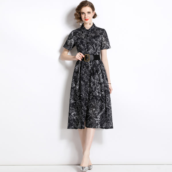 Temperament Vintage Print Short Sleeve Large Swing Slim Lapel Long Skirt Dress