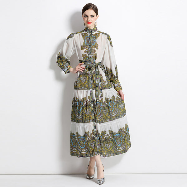 Vintage Print Long-Sleeved Full-Length Skirt Fashion Single-Breasted Stand-Up Collar Dress