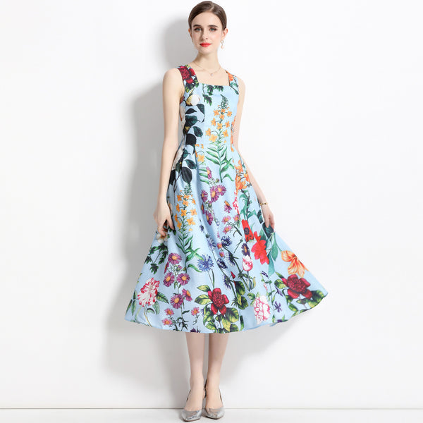 Vintage Print Sleeveless High-Waisted Dress with Slim Waist and Full Skirt