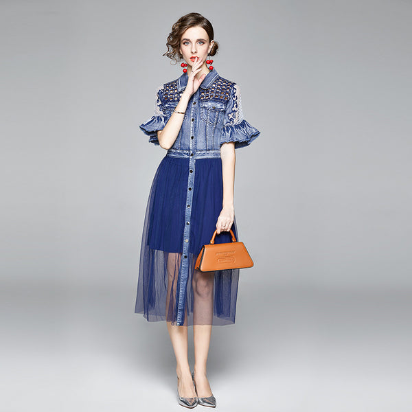 Hollowed Out Mesh Denim Stitching Slim Flared Sleeve Short Sleeve Mid-Length Dress