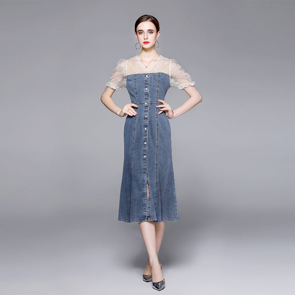 Embroidered Mesh Stitching Denim Slim Waist Slit Fishtail Swing Dress