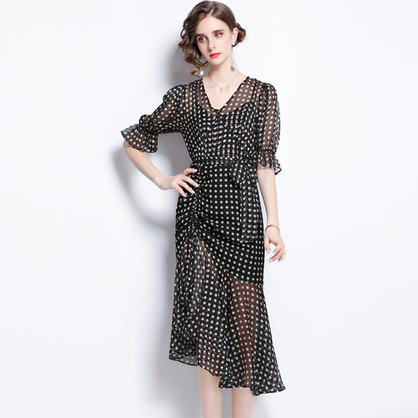 V-neck Lantern Sleeve Irregular Hem Polka Dot Dress