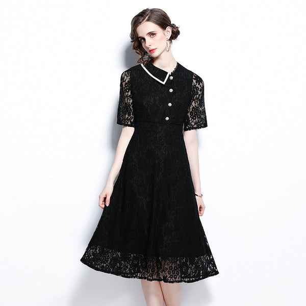 Button Down Short Sleeve Black Lace Dress