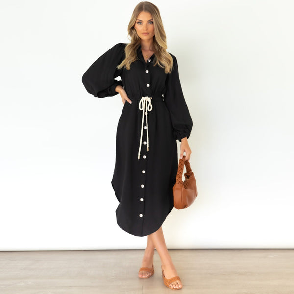 Long-Sleeved British Temperament Shirt Dress Mid-Length Tie Waist Dress