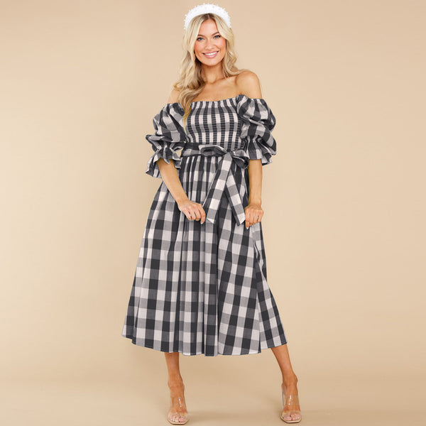 Summer Slim-Fit Off-the-Shoulder Plaid Print Beach Dress