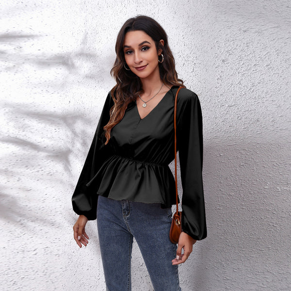 Lantern Sleeve Chiffon Shirt Solid Color V-Neck Long-Sleeved Women's Top