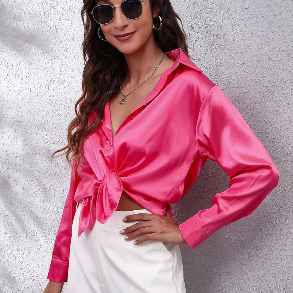 Satin Women's Satin Imitation Silk Long-Sleeved Shirt